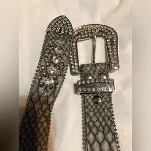 BKE Leather Belt with Fleur de Lis design, Silver Studs, and Faux Diamonds